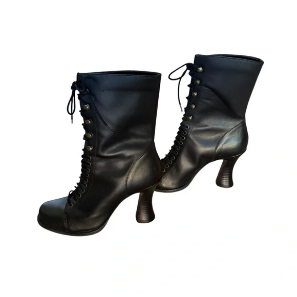Vintage 80s Euro Club Victorian Style Black Leather LaceUp Granny Boots Goth 8.5 - Picture 8 of 12